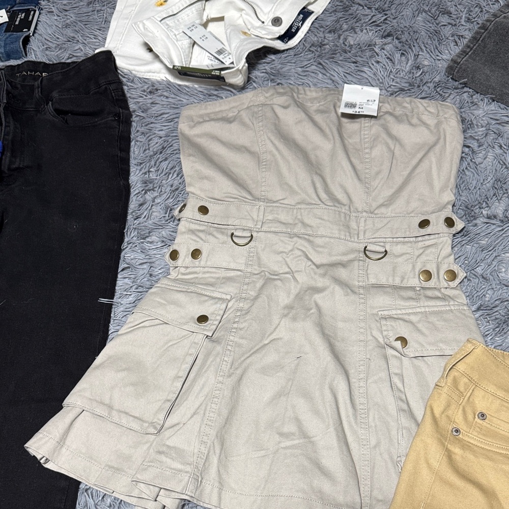 Beige Strapless Dress with Pockets